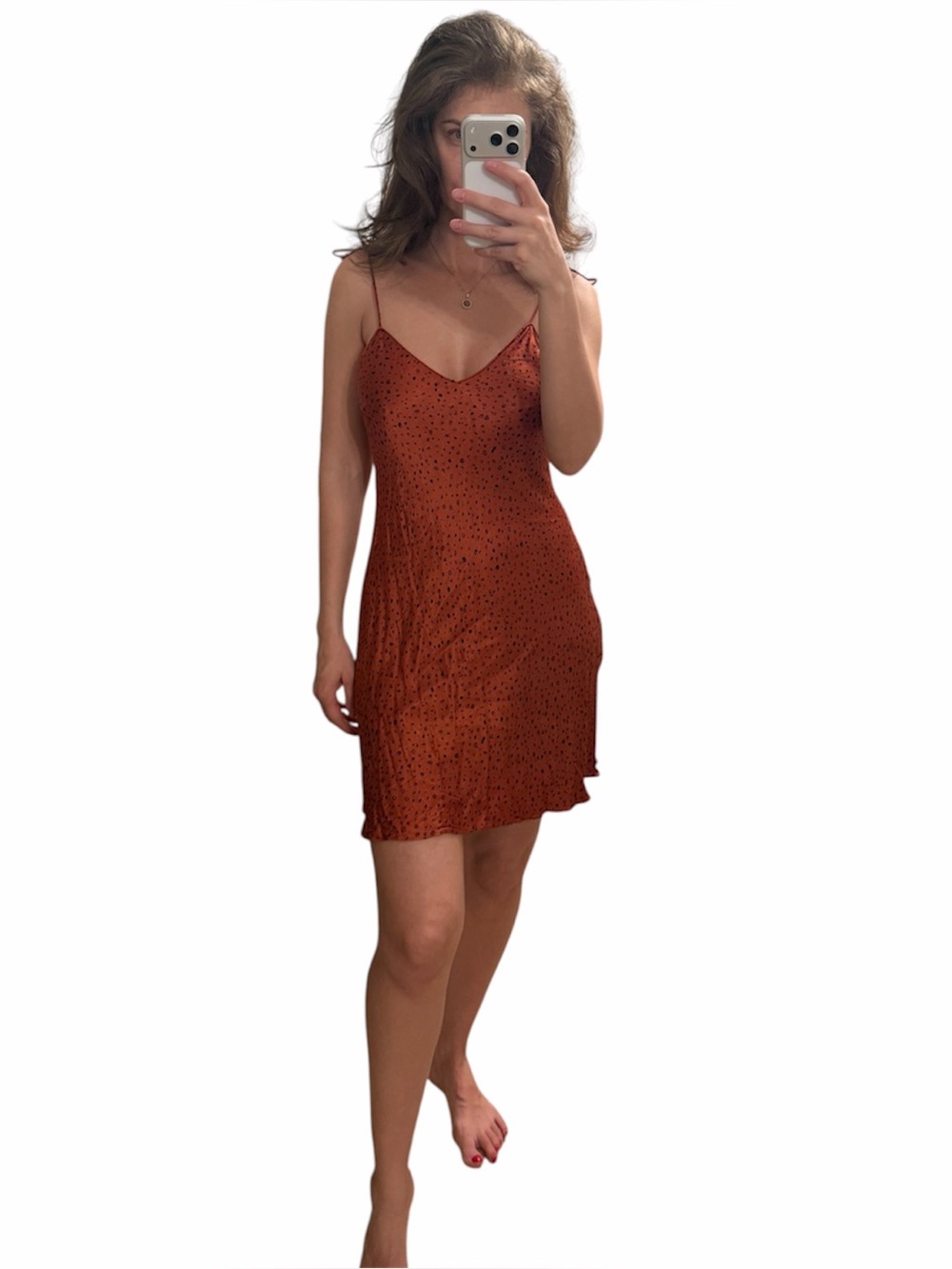 Whistles Rust Sketched Dot Slip viscose mini Dress tie straps size 2